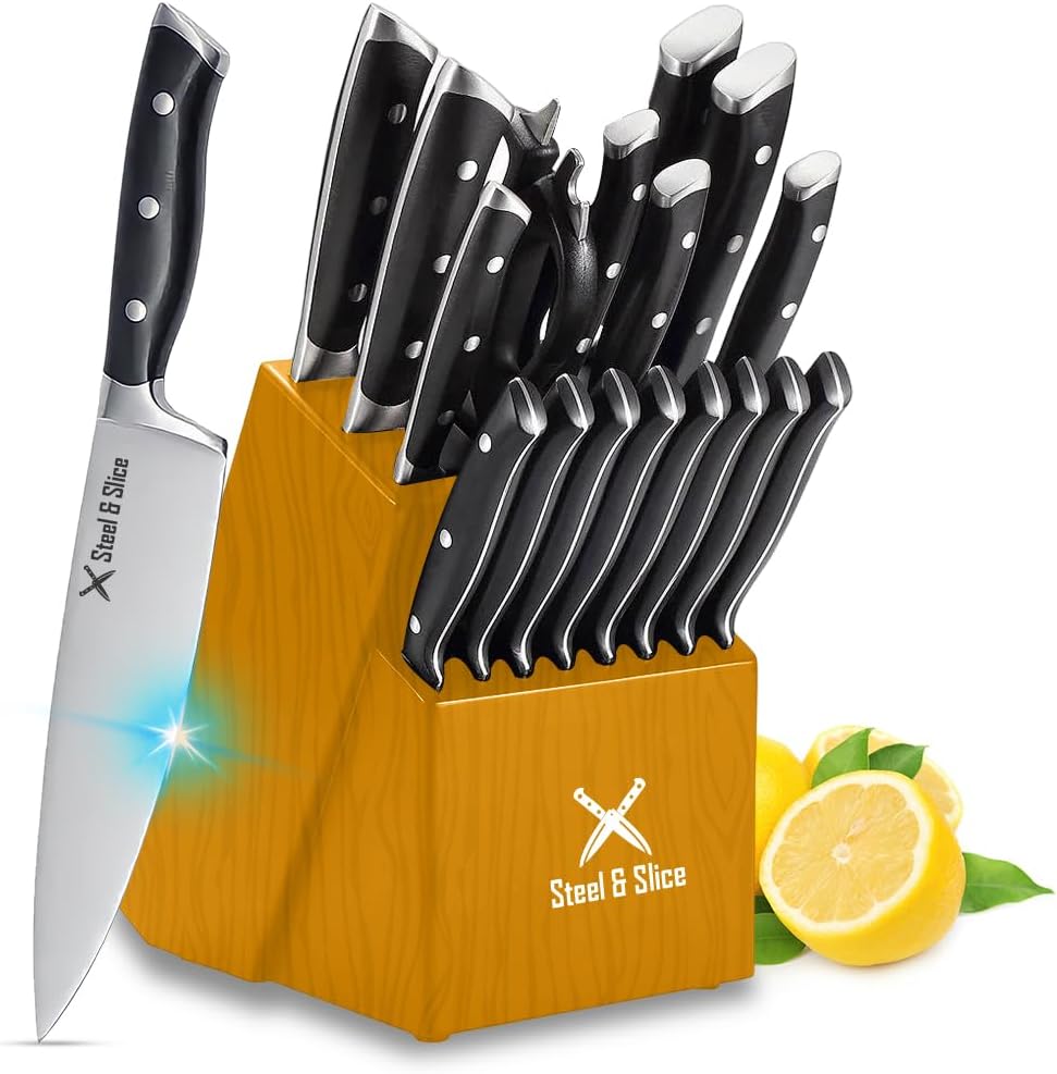 Juego de cuchillos de cocina de acero inoxidable alemán de 19 piezas, juego de bloques de cuchillos premium con afilador de cuchillos, juego de