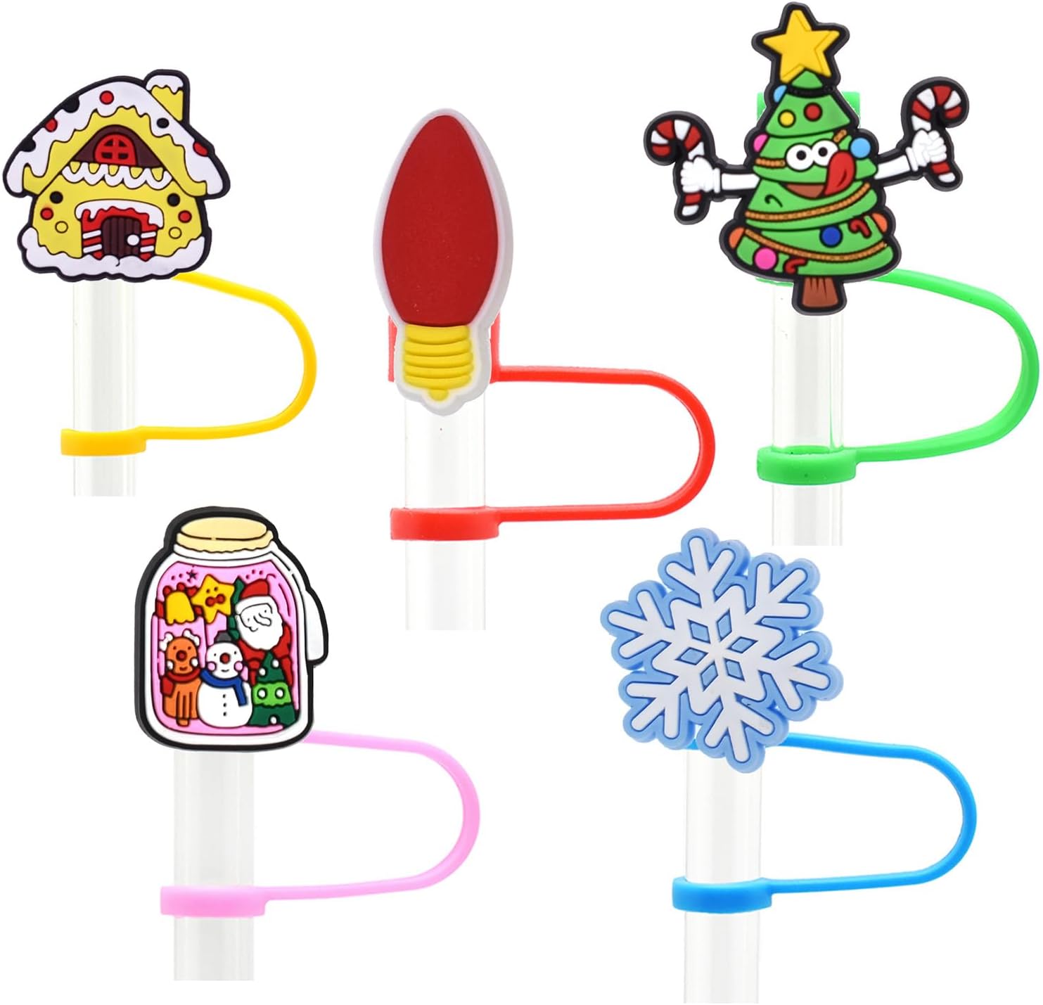 50 tapas de paja de Navidad al azar diferentes tapas de paja a prueba de polvo, protectores de paja de PVC, para vasos de 0.276-0.315 in, regalos de