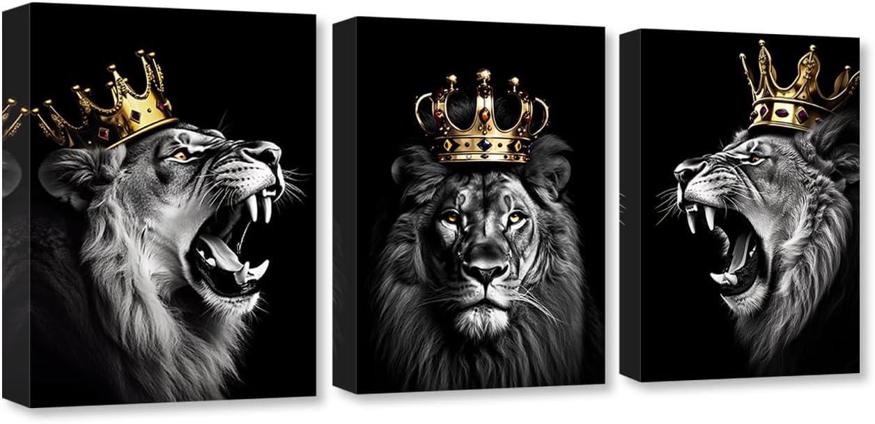 DOARTDO Cuadro de león para decoración de pared, 3 paneles, lienzo de animales en blanco y negro, arte de pared, arte de león con corona, marco