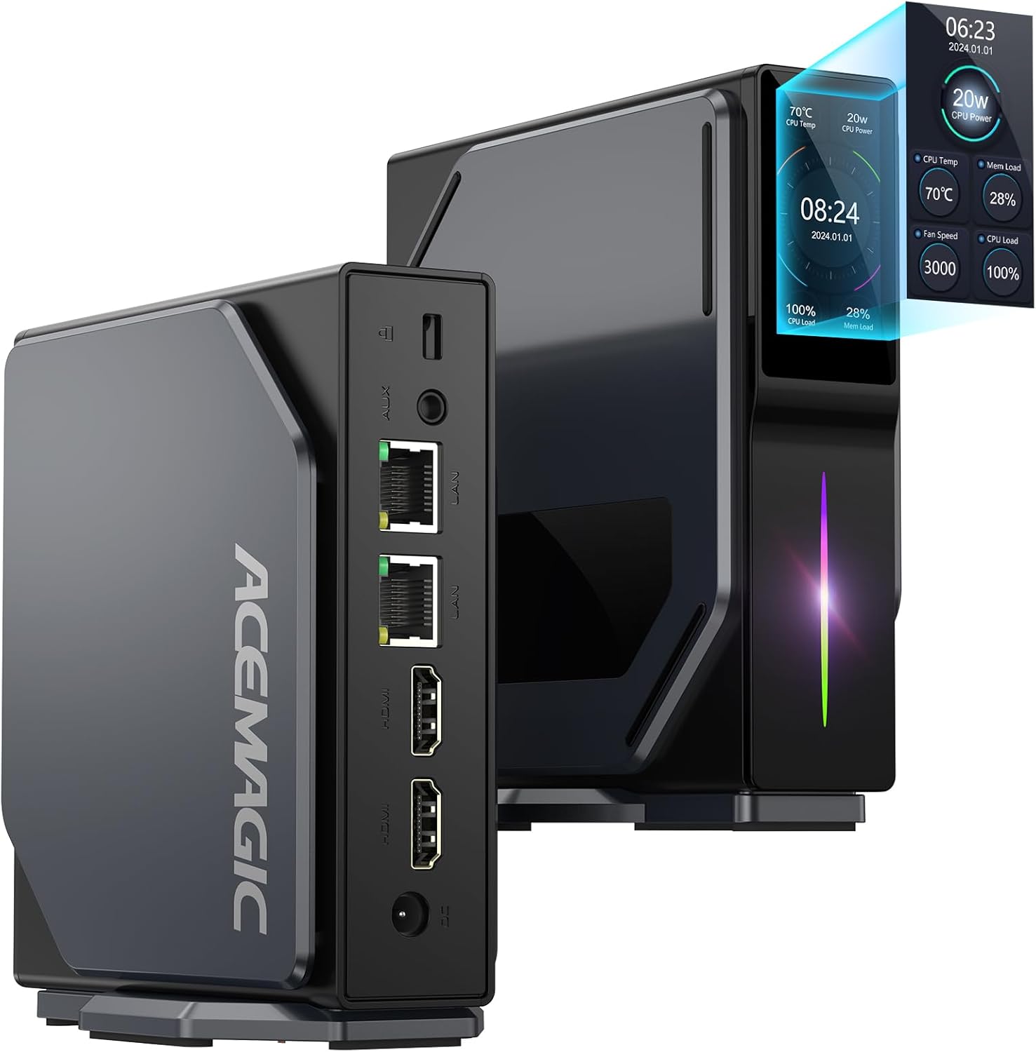 ACEMAGIC Mini PC de escritorio S1 Dual Nic con pantalla LCD DIY y luces RGB, CPU Intel Alder Lake N95 (hasta 3.4 GHz), mini computadoras de