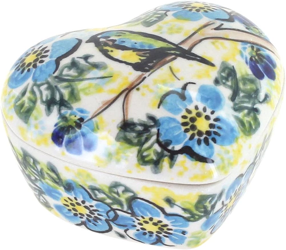 Caja de corazón pequeña de cerámica polaca de rosas azules Bluebird Garden
