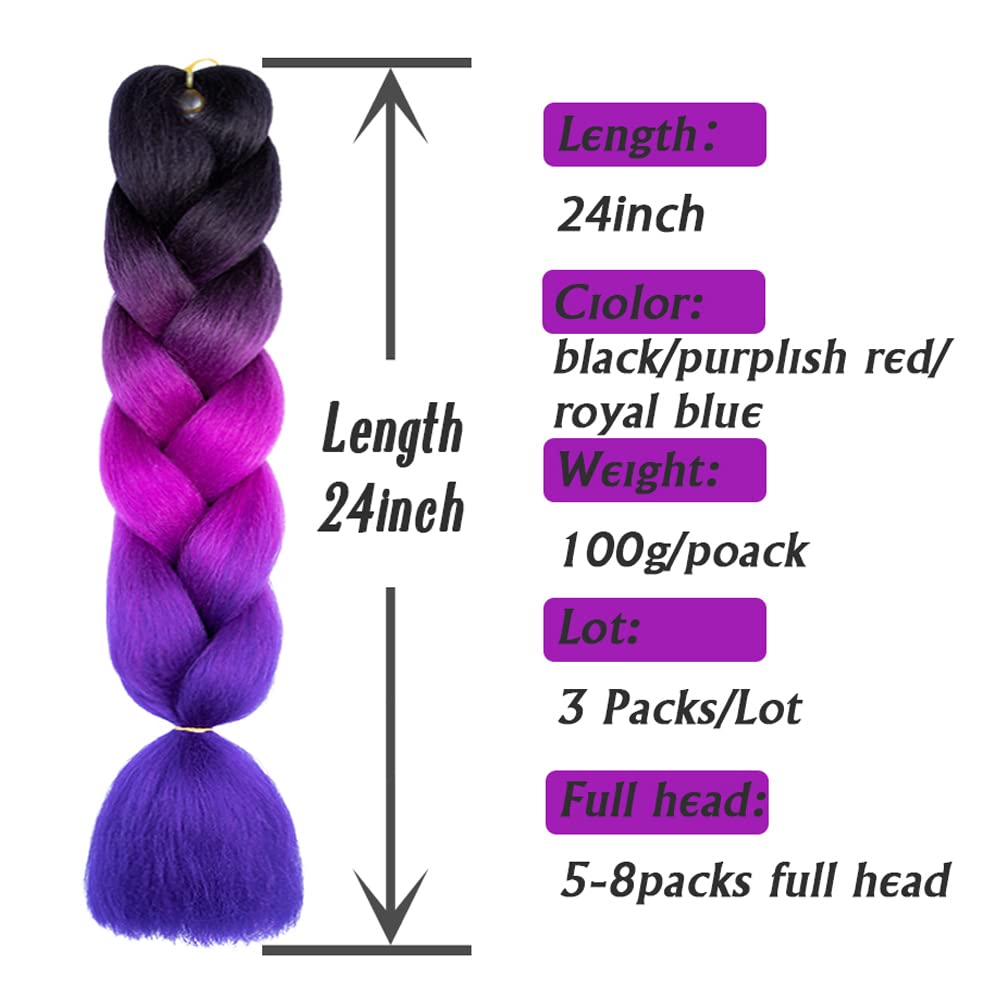 Extensiones de cabello trenzado ombré de 24 pulgadas, 3 paquetes de 3 paquetes de cabello sintético de alta temperatura colorido Jumbo trenzado de