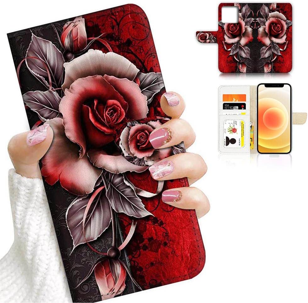Funda con tapa para iPhone 12, diseño artístico, diseño de flores, protección de cuerpo completo AD003 (# 24878 rojo gótico rosa)