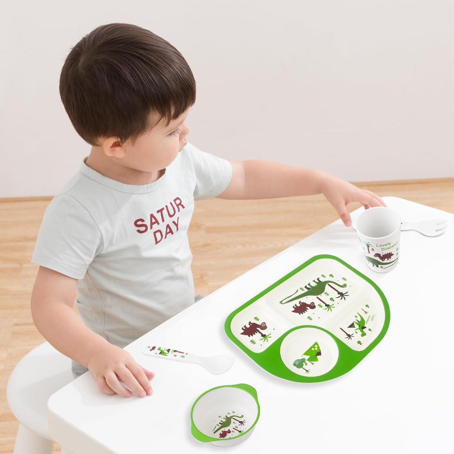 Juego de 5 piezas de vajilla para niños pequeños, incluye plato, tazón, tenedor y cuchara, cubiertos para niños, apto para lavavajillas, sin BPA
