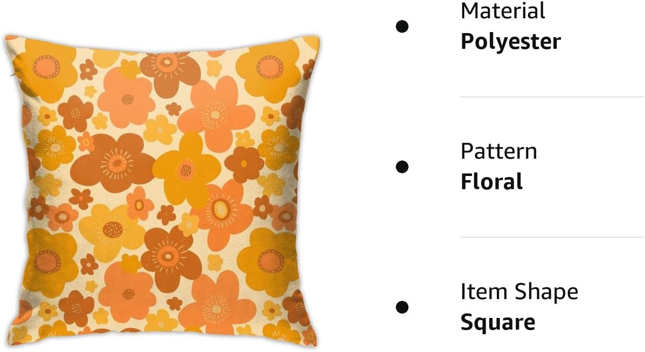 Drissa Fundas de almohada abstractas retro vintage de los años 70 con patrón floral hippy naranja, funda de almohada decorativa de 18 x 18 pulgadas,