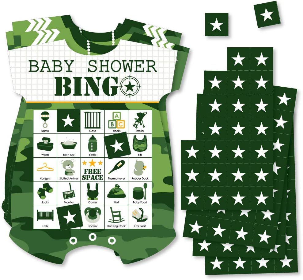 Big Dot of Happiness Camo Hero – Juego de 18 tarjetas y marcadores de bingo con forma de camuflaje militar del ejército para baby shower