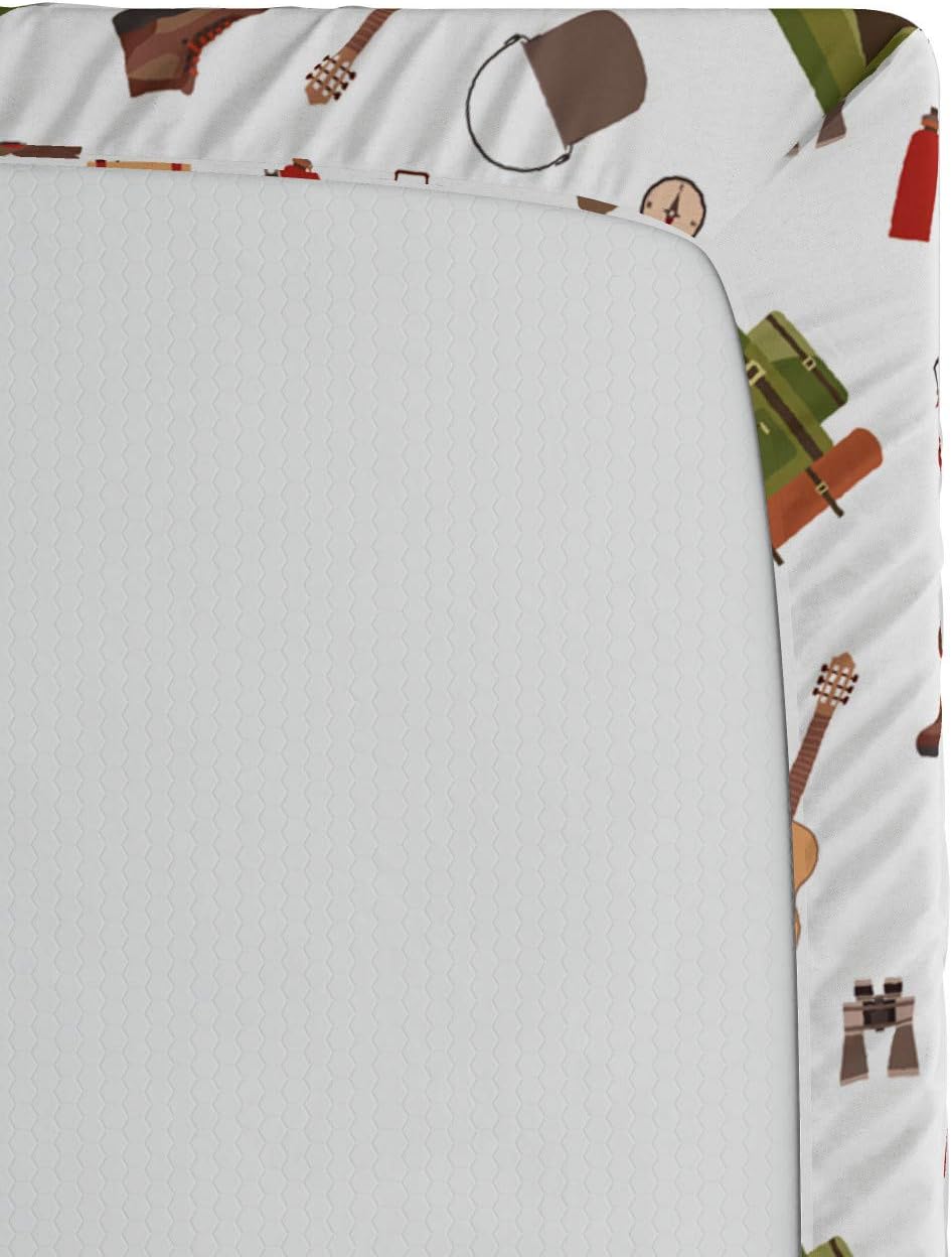 Ambesonne Sábana bajera ajustable para campamento, diseño de guitarra y brújula de aventura con estampado de dibujos animados de bosque, funda de