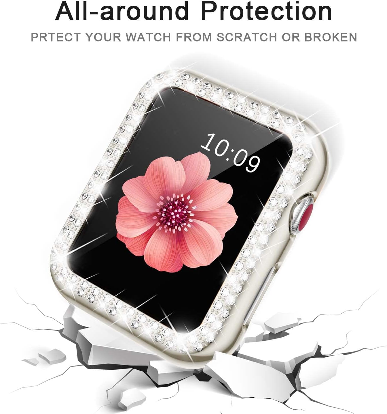 SUPOIX Compatible con Apple Watch Band de 1.614 pulgadas + funda, correa de metal con diamantes brillantes para mujer y paquete de 2 fundas