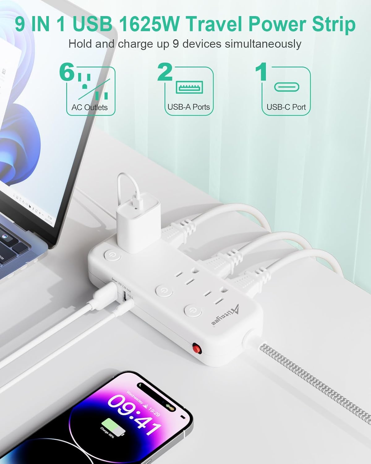 Regleta de alimentación de interruptor individual con 6 tomacorrientes, 3 USB (17 W USB C), cable trenzado de 5 pies, enchufe plano ultrafino, cable