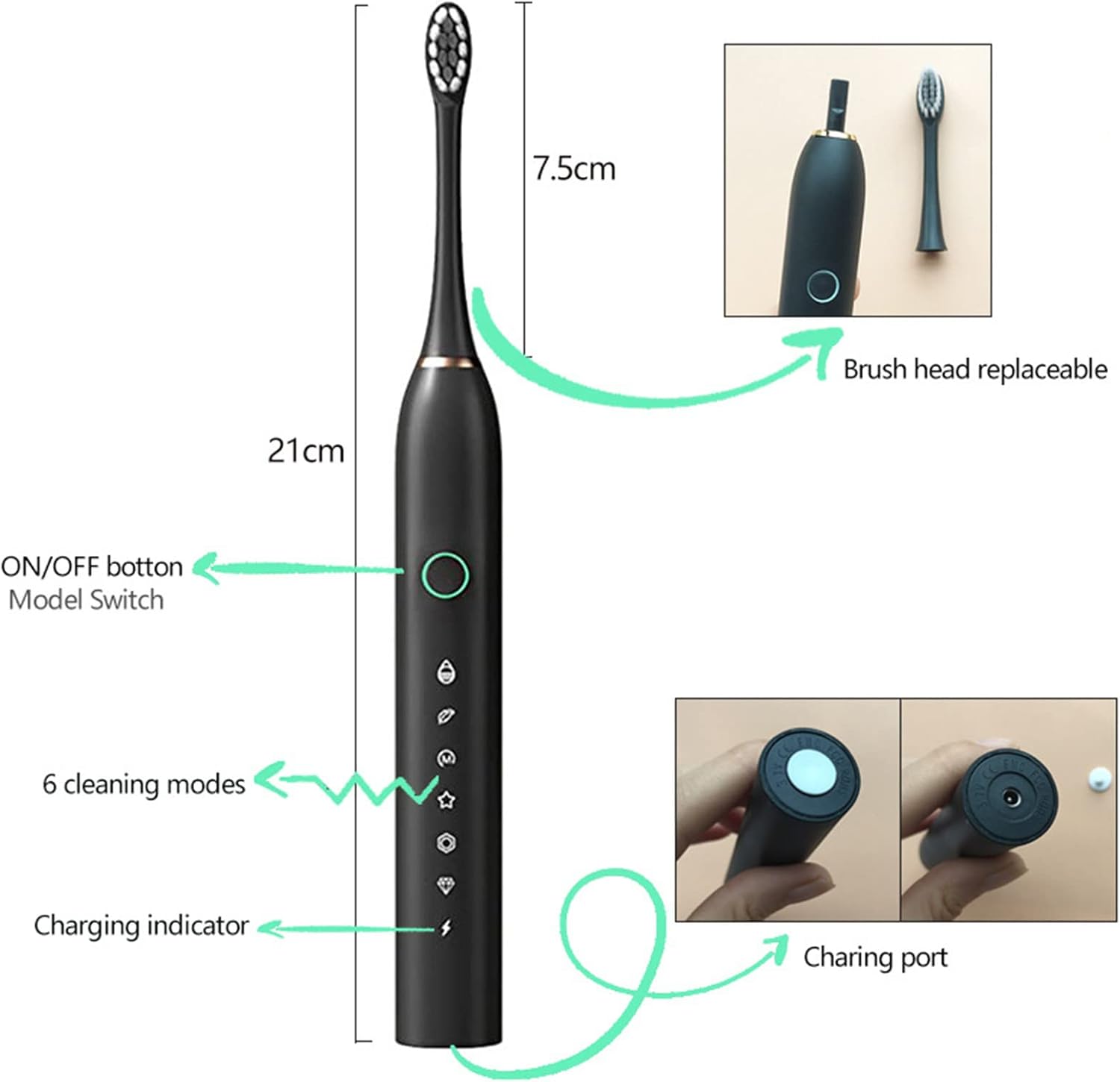 topliu Cepillo de dientes eléctrico inteligente de 6 velocidades con 8 cabezales de cepillo – Cepillo de dientes eléctrico portátil – Cepillo de