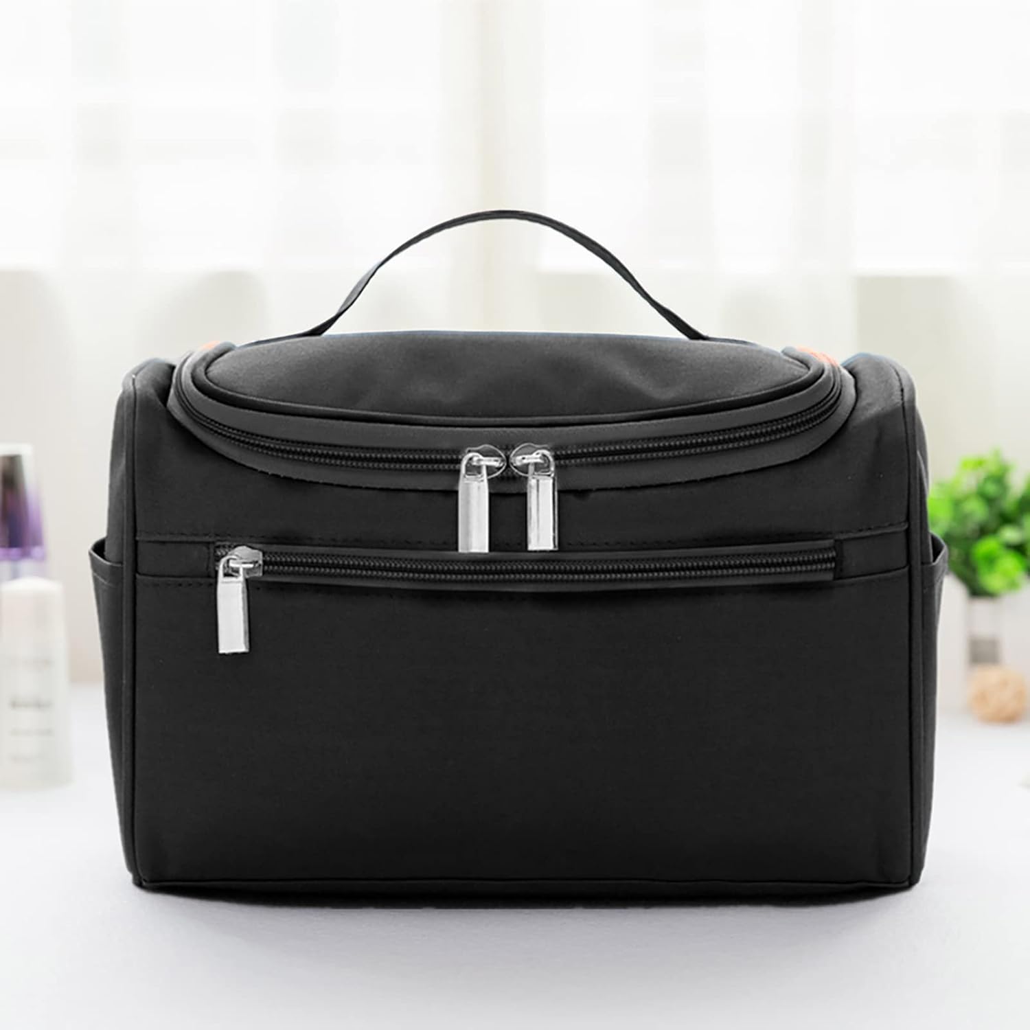 Maquillage Organizador con agarre de tela Oxford cómoda bolsa de mano para maquillaje negro