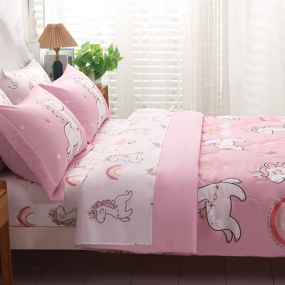 Wajade Juego de edredón de unicornio rosa para niños, cama en una bolsa, tamaño individual, 7 piezas, bonito juego de ropa de cama de unicornio y