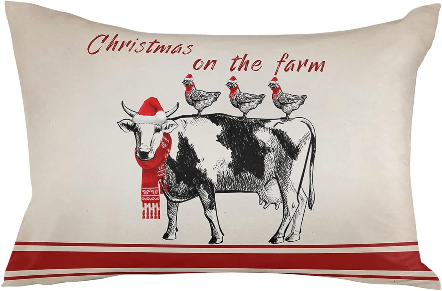 2 Packs Throw Pillow Covers Rectangle 20″ x 12″, Christmas on The Farm Farm Animal Cow Chicken Vintage Waterproof Couch Cushion Cover for Sofa
