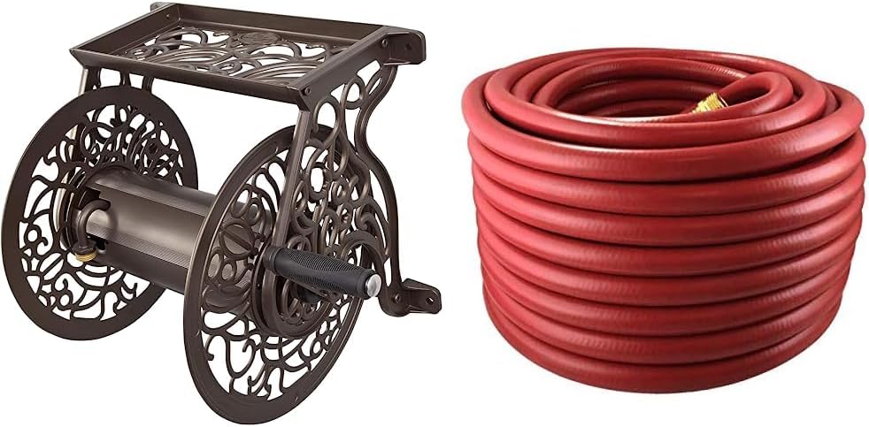 Liberty GARDEN 704 – Carrete decorativo de aluminio fundido para manguera de jardín, soporta manguera de 125 pies de 58 pulgadas, manguera de jardín