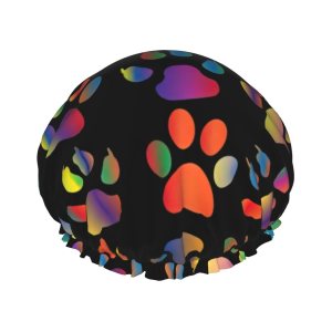 Colorido gorro de ducha con diseño de pata de perro, diseño de impresión completa, tela de poliéster resistente al agua, esencial para Colorido gorro de ducha con diseño de pata de perro, diseño de impresión completa, tela de poliéster resistente al agua, esencial para