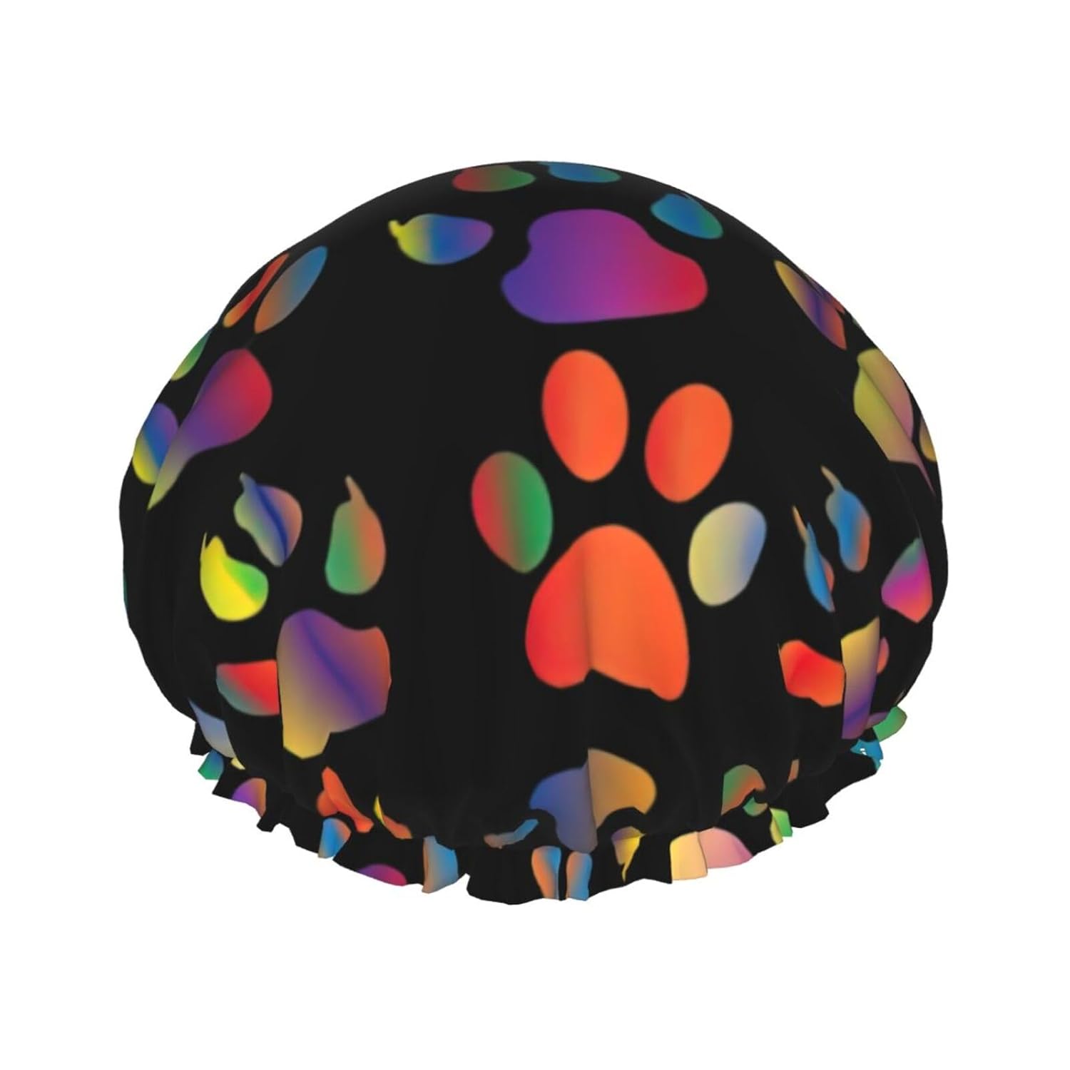 Colorido gorro de ducha con diseño de pata de perro, diseño de impresión completa, tela de poliéster resistente al agua, esencial para