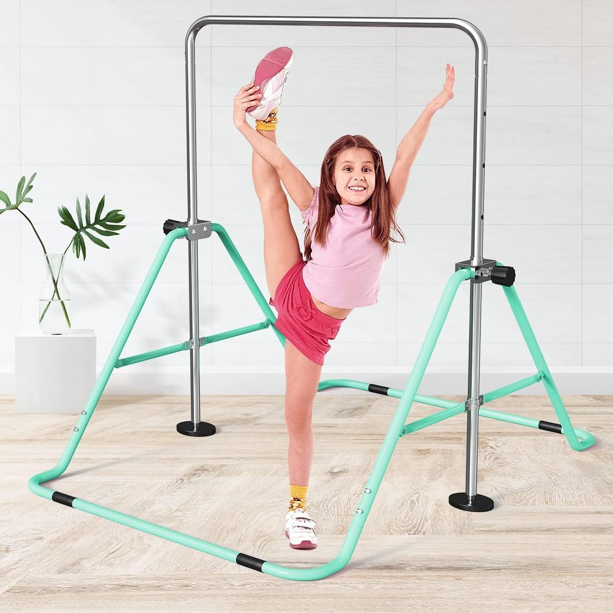 FBSPORT Barra de gimnasia para niños con anillos, barras horizontales de gimnasia de altura ajustable, barra de entrenamiento junior, barras