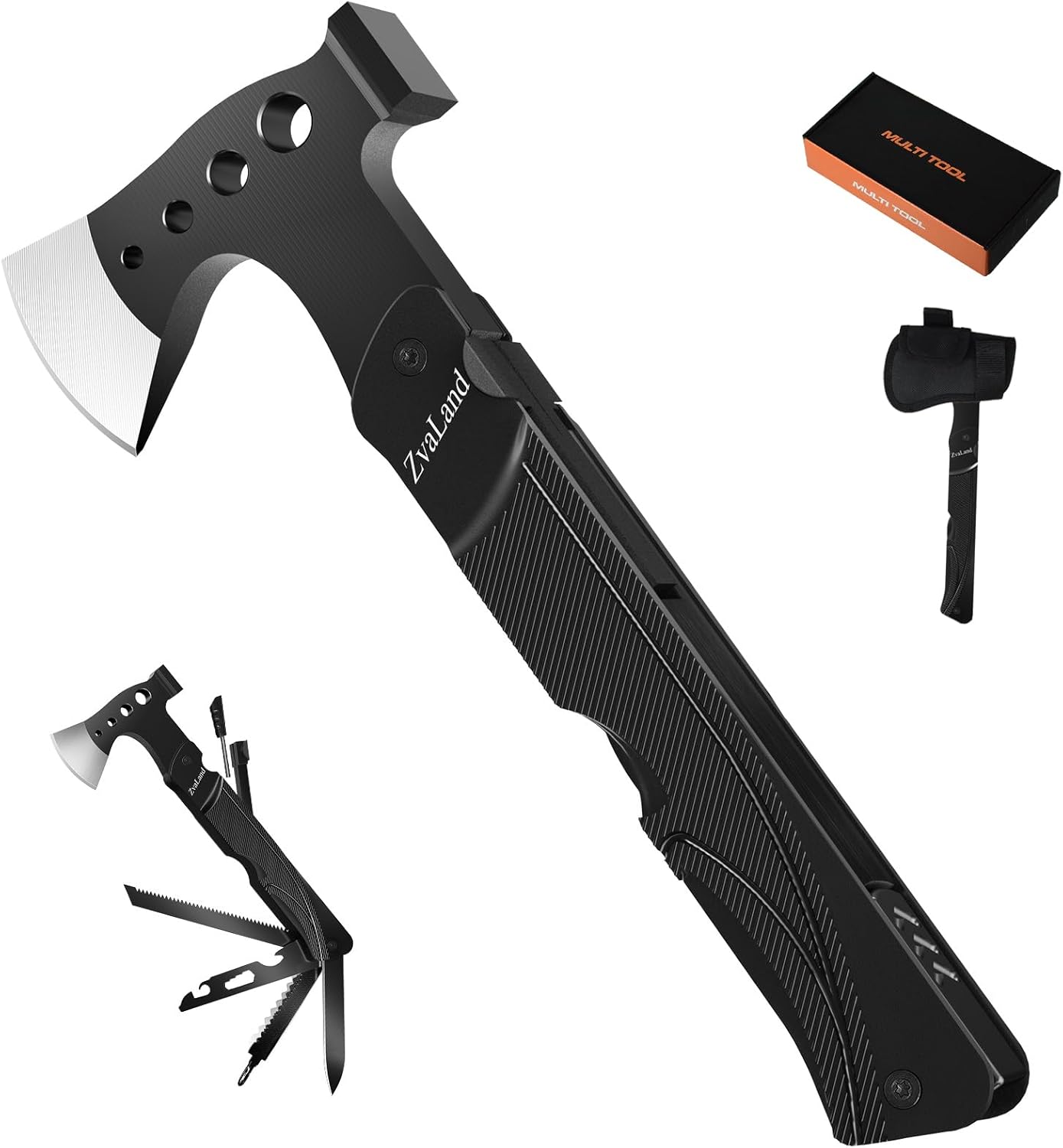 Adventure – Juego de hachas multiherramienta 14 en 1 para campamento, senderismo, pesca. Hacha, martillo, cuchillo, sierra, abridor, iniciador de