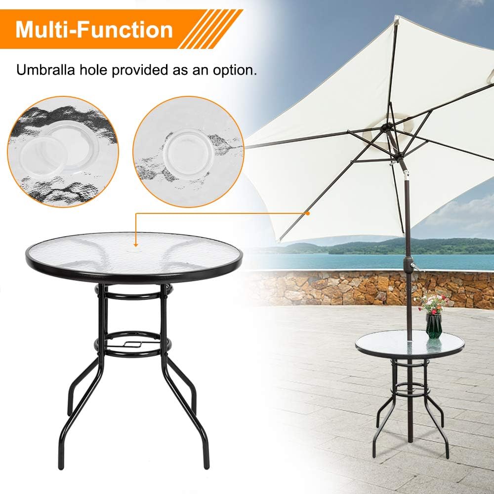 VINGLI Mesa redonda de patio con agujero para paraguas, mesa de comedor al aire libre de 32 pulgadas, mesa de patio de vidrio templado de acero mesa