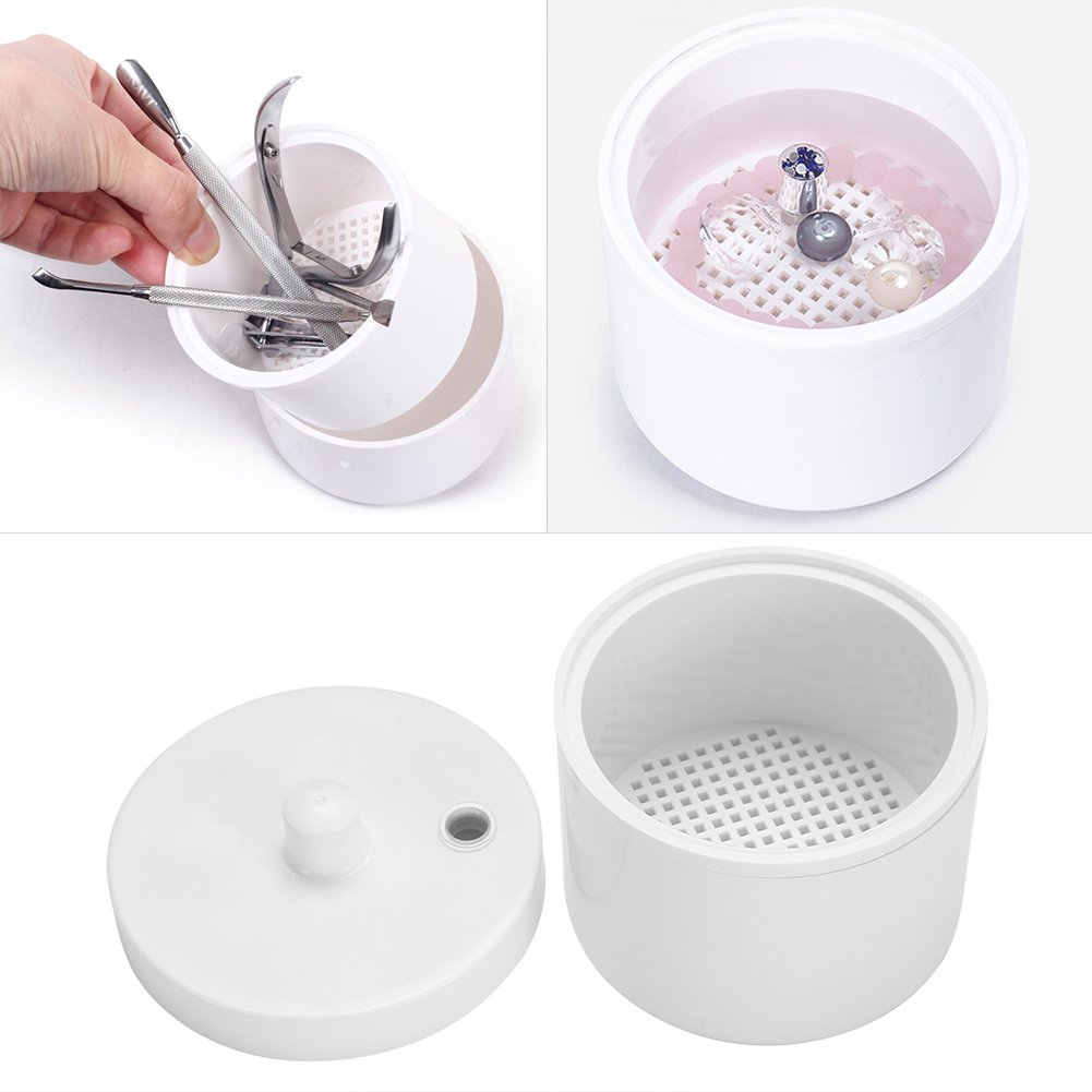 Caja de esterilización, caja de desinfección de forma redonda portátil con tapa para limpiar herramientas de arte de uñas de metal, accesorios de