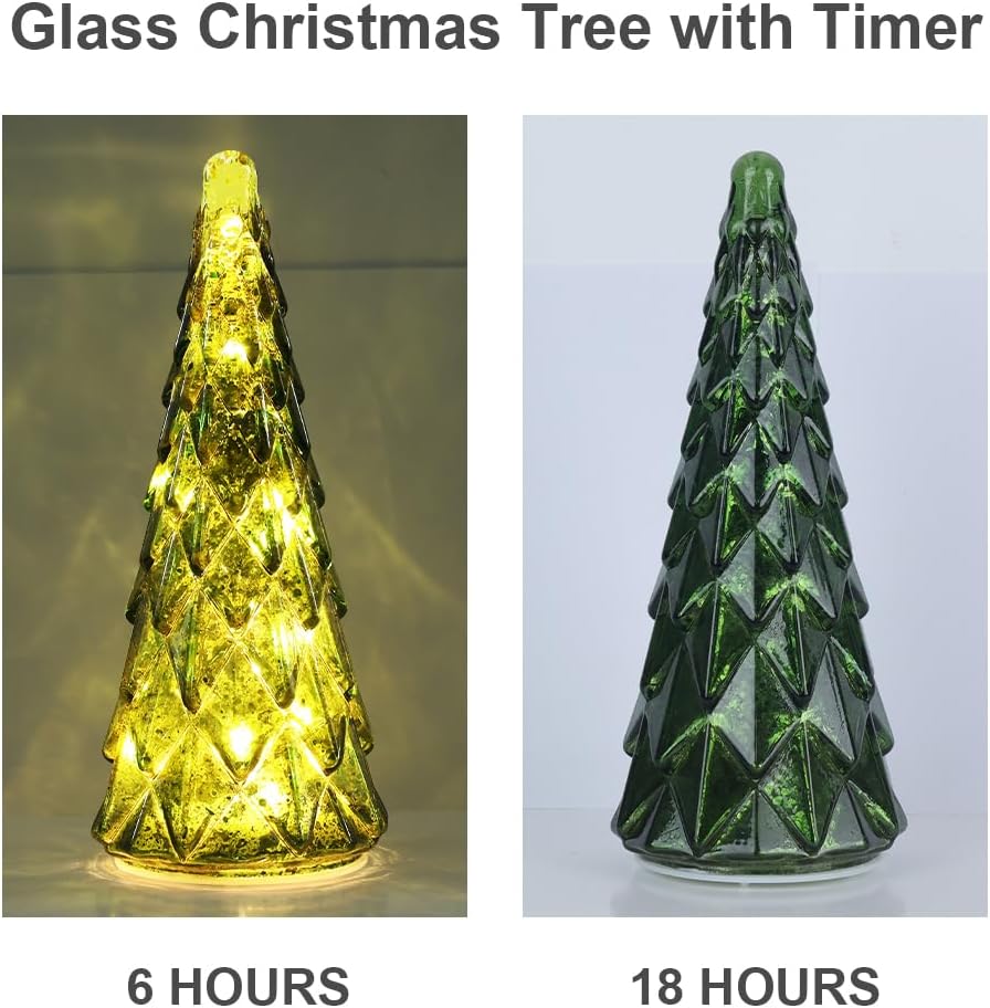 Decoraciones de Navidad para interiores, juego de 3 árboles de Navidad de cristal verde preiluminados para decoración del hogar, decoración de mesa