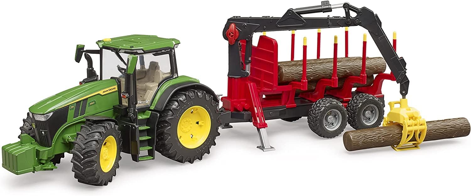 Bruder 09829 John Deere 7R 350 con remolque forestal y 4 troncos