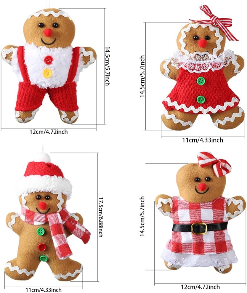 4 adornos de hombre de jengibre de 5.7 pulgadas de alto para árbol de Navidad, figuras surtidas de pan de jengibre rellenas, adornos para colgar en