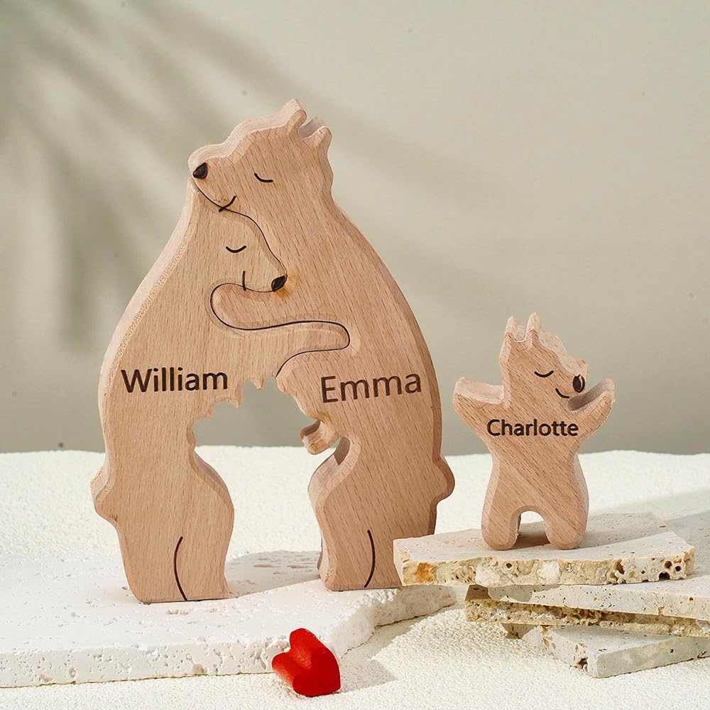 Rompecabezas de oso de madera personalizado con nombre de familia de 1 a 8, escultura de nombre de familia, ideal para Navidad, cumpleaños,