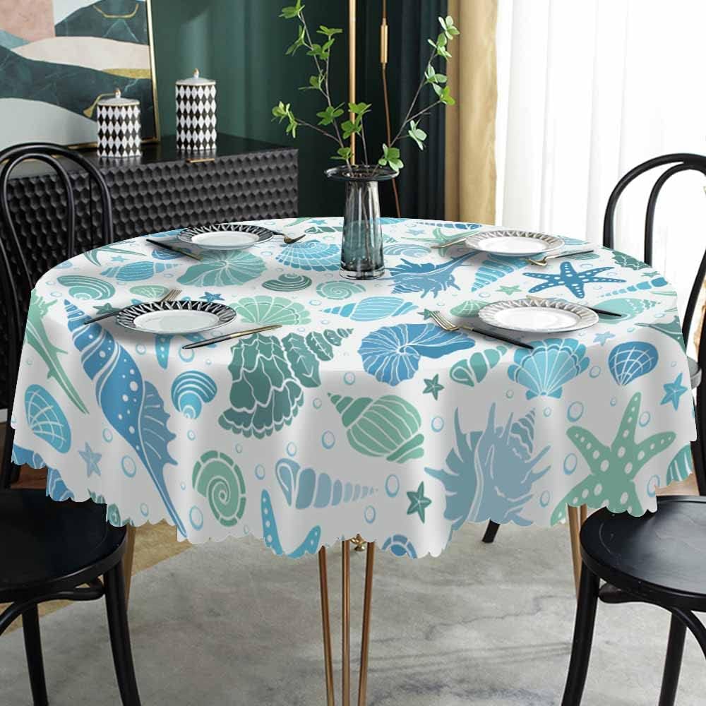 AOYEGO Mantel redondo de verano con diseño de estrellas y conchas marinas, conchas y estrellas de mar y conchas azules, 60 pulgadas para comedor,