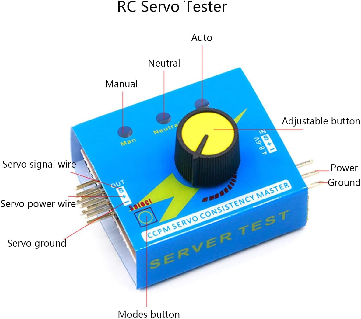 1 Unidades RC Servo Motor Probador Controlador Kit +180 grados 0.32 oz Servo con 6V Soporte de Batería para Robótica RC Coches Helicópteros Aviones
