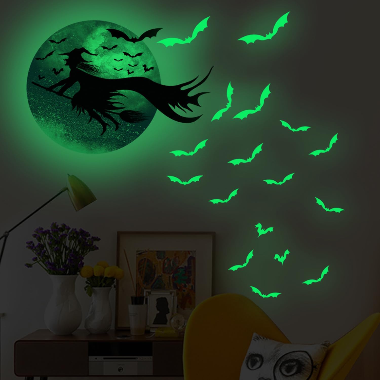 Calcomanías de pared de Halloween que brillan en la oscuridad, calcomanías de pared de bruja, murciélagos, calcomanías luminosas para ventana,