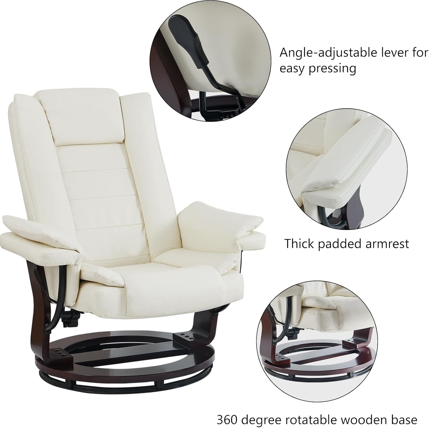 Silla reclinable con otomana giratoria de 360 grados de piel, con reposapiés, silla decorativa de cuero con base de madera para dormitorio, sala de