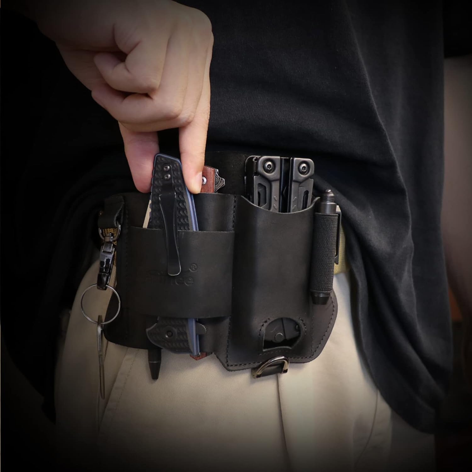 Funda de cuero multiherramienta, organizador de cinturón EDC negro con soporte para linterna, banda elástica, bolsa multiherramientas, clip para