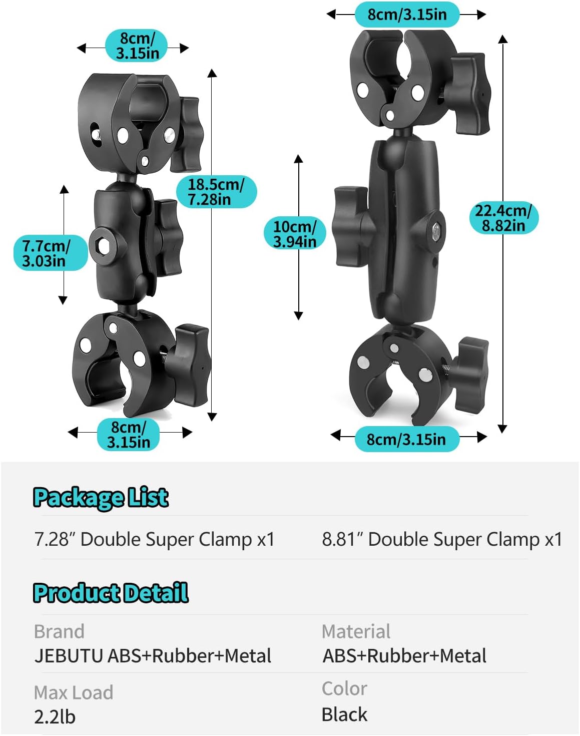 Abrazadera doble para cámara, 7.28″18.5cm y 8.86″22.5cm, doble abrazadera mágica, soporte de abrazadera para manillar de motocicleta para soporte de