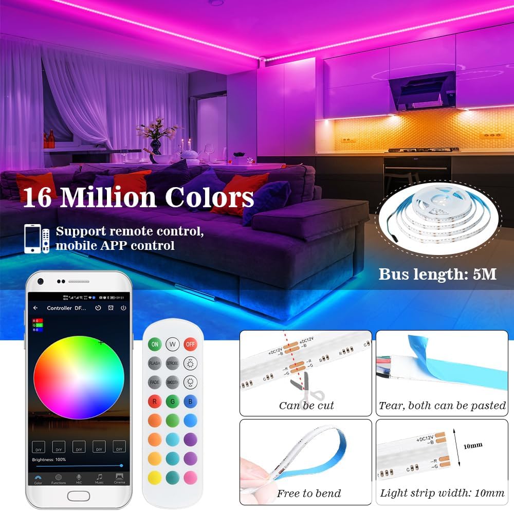 Tira de luz LED COB RGB WiFi de 12 V, 16.4 pies, con fuente de alimentación, 576 LEDsM regulable, tira LED de sincronización de música de
