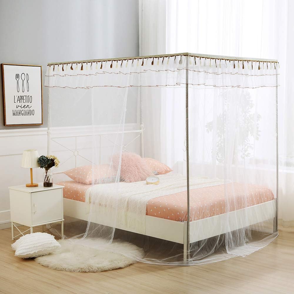 JQWUPUP Cortinas de cama con dosel, mosquitera de 4 esquinas con volantes princesas, dosel de cama para niñas y niños, cuna, decoración de