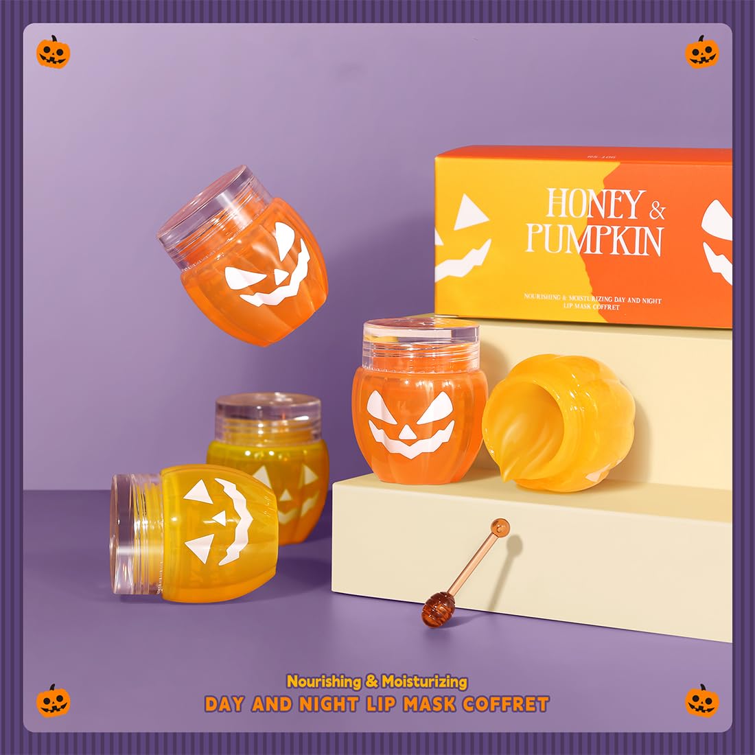 Juego de máscara labial de calabaza y miel de Halloween, mascarilla nutritiva e hidratante para labios de día y noche, bálsamo de abeja, exfoliante