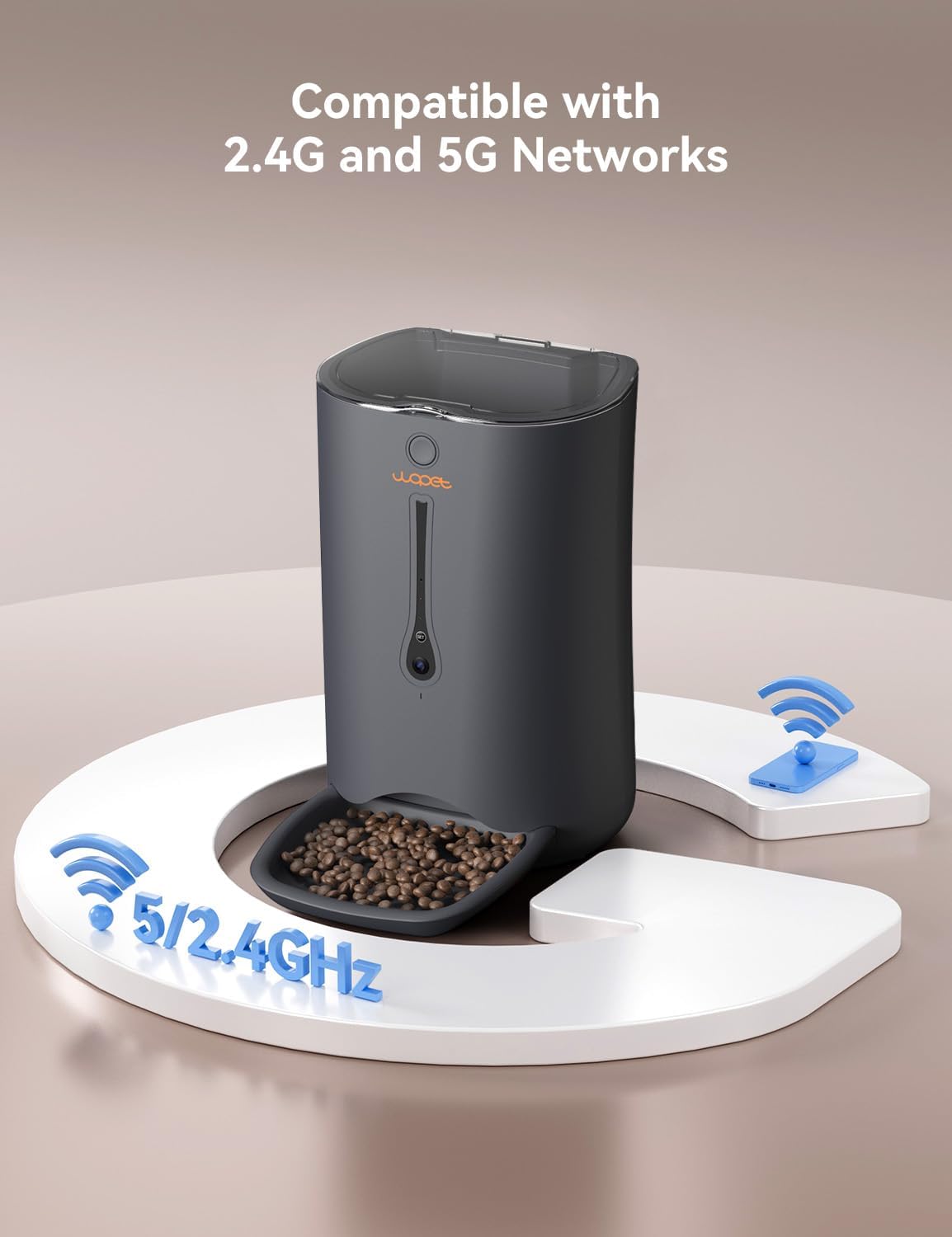 WOPET Dispensador automático de comida para gatos con cámara, alimentador automático WiFi 5G con control de aplicación, alimentador automático para
