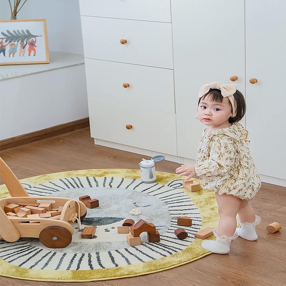 Alfombra de león para niños, alfombra redonda para bebé, decoración de habitación de niños, lavable, antideslizante, con temática de dibujos
