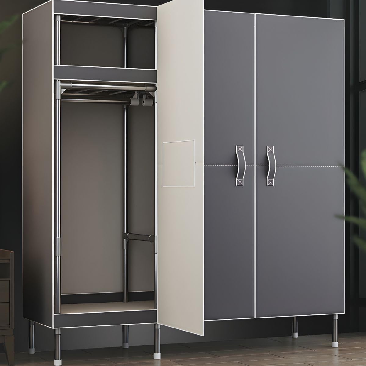 LAKIQ Armario para dormitorio, armario con puertas para colgar, estilo contemporáneo, tela con marco de acero, armario organizador de tela y armario