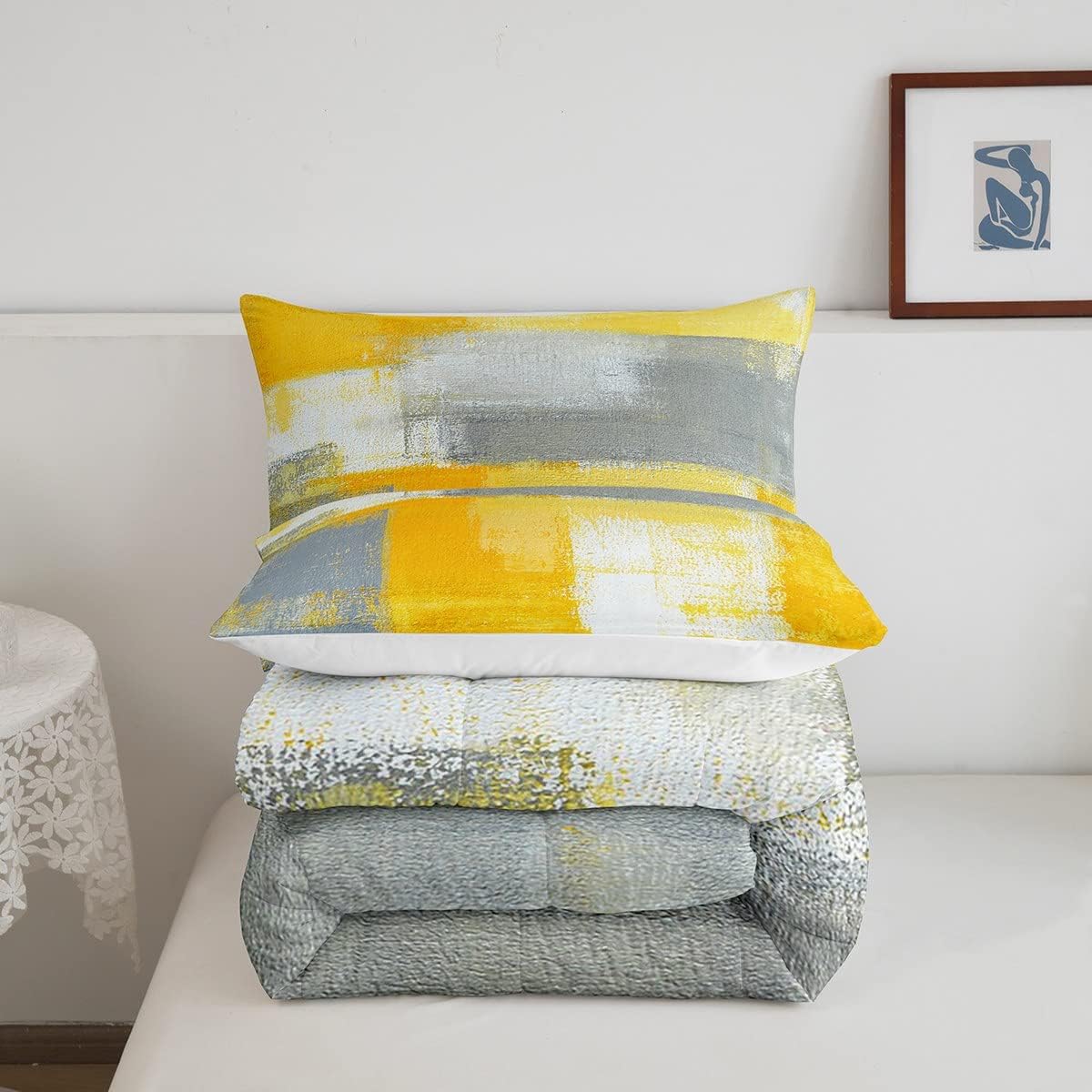 Erosebridal Juego de ropa de cama de color amarillo degradado, juego de edredón de teñido anudado blanco, tamaño Queen, color gris, abstracto,