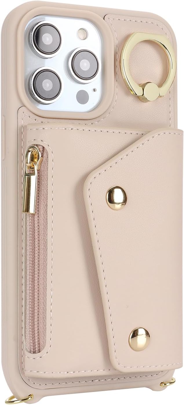 Funda para iPhone 13 Pro Max con tarjetero y correa, bolsillo con cremallera, correa cruzada con cordón, soporte para tarjetas de crédito, anillo de