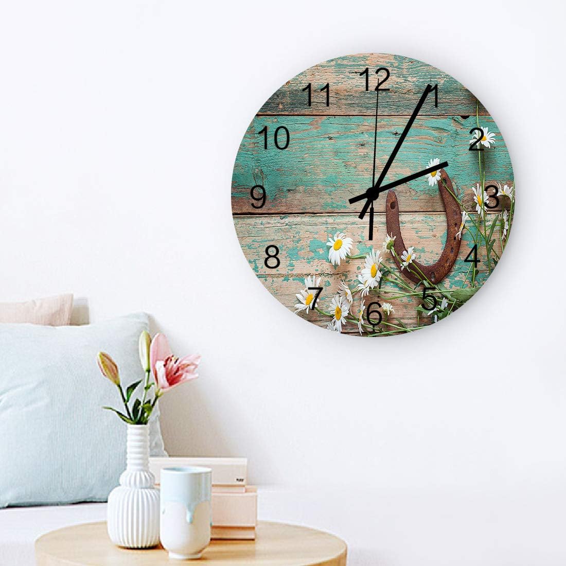 Reloj de pared de 12 pulgadas, silencioso, sin tictac, de madera de herradura, funciona con pilas, fácil de leer, reloj redondo de madera,