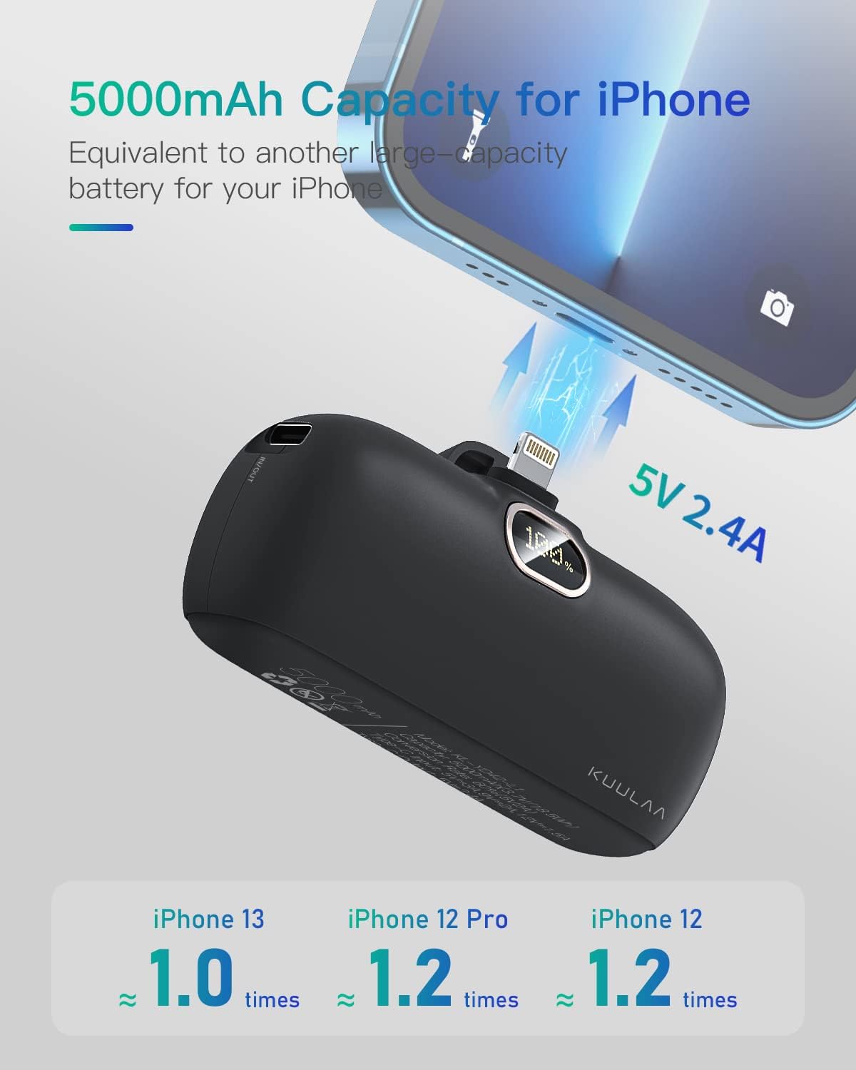 Kuulaa Pequeño cargador portátil iPhone 5000mAh con cable Lightning incorporado y 26800mAh de alta capacidad Banco de energía de doble salida batería