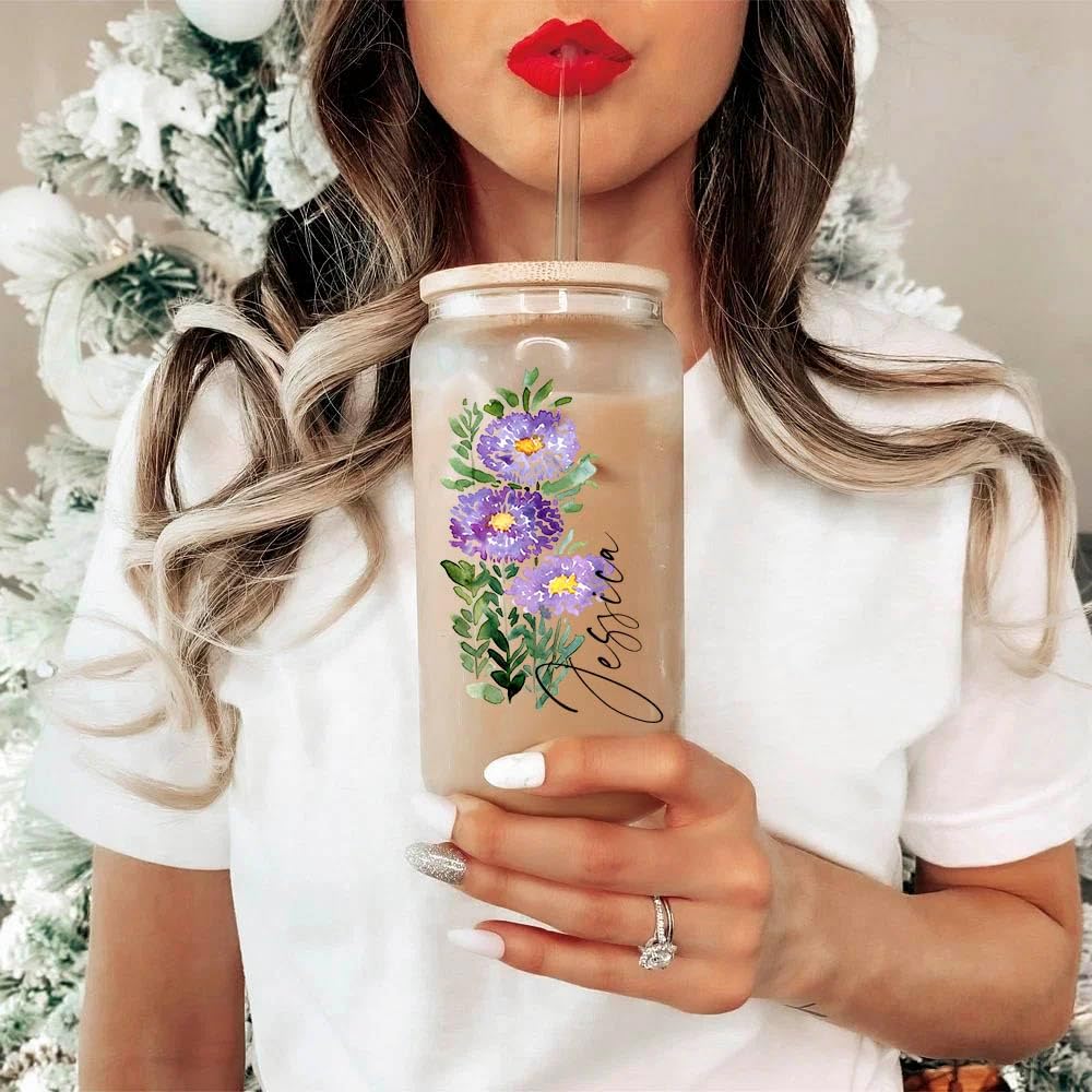 Vaso personalizado con nombre, regalo para ella, vaso delgado de 20 onzas, vaso de vidrio personalizado con nombre floral, vaso de dama de honor,