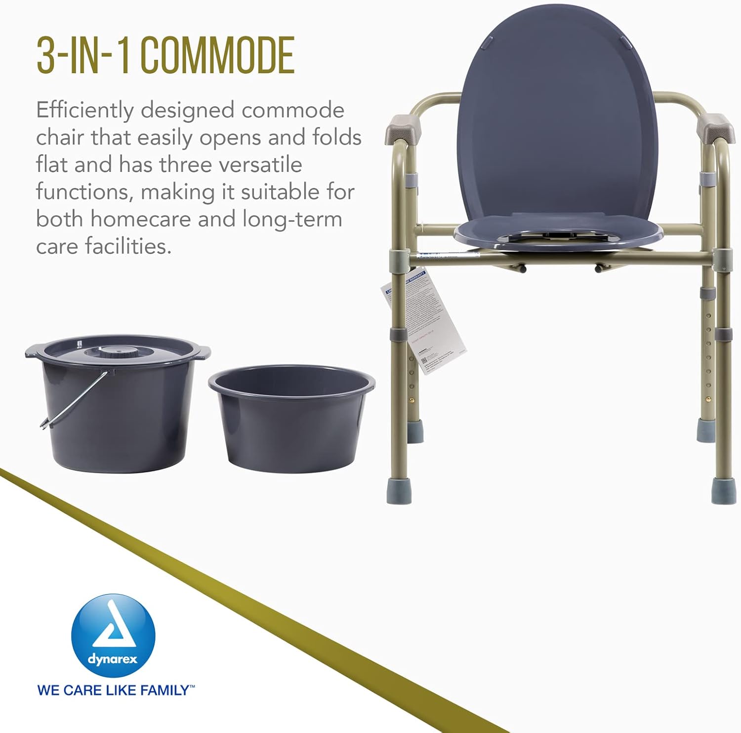 Dynarex Cómoda plegable para mesita de noche, silla de inodoro portátil 3 en 1 para ancianos y discapacitados, diseñada para uso independiente, como