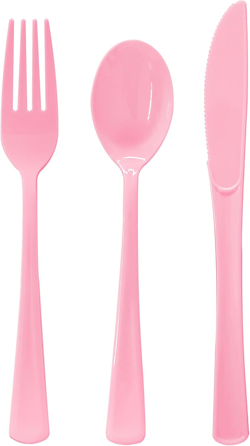 Paquete de 150 cubiertos de plástico rosa claro, juego de utensilios desechables de color rosa resistente, 50 tenedores rosados, 50 cuchillos