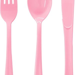 Paquete de 150 cubiertos de plástico rosa claro, juego de utensilios desechables de color rosa resistente, 50 tenedores rosados, 50 cuchillos Paquete de 150 cubiertos de plástico rosa claro, juego de utensilios desechables de color rosa resistente, 50 tenedores rosados, 50 cuchillos