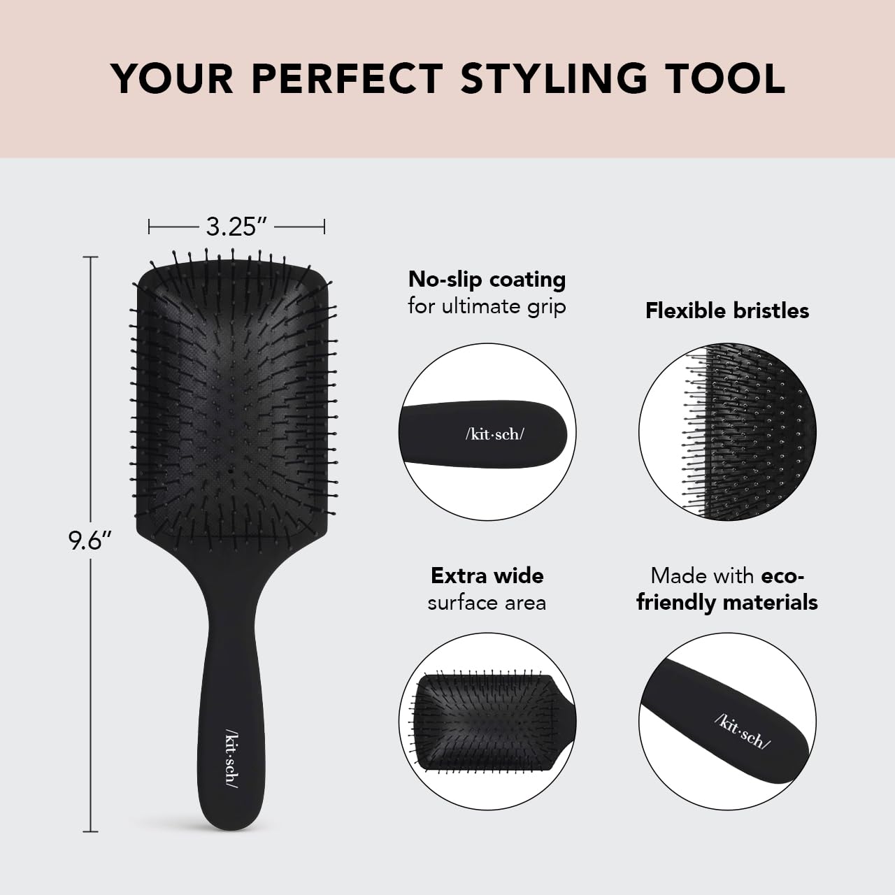 Kitsch Cepillo de paleta para secar con secador, cepillo para cabello grueso o fino, cepillo para mujeres con cerdas de nailon, cepillo desenredante