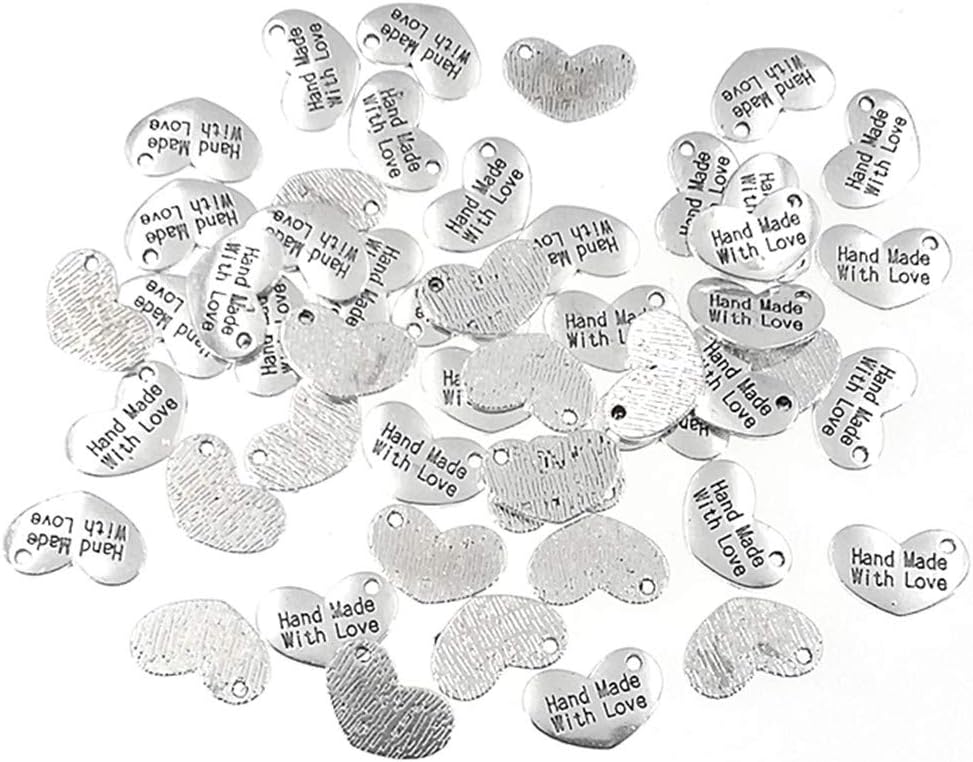 Colgante hecho a mano con dije de amor, en forma de corazón, con mensaje de palabra, para hacer joyas (50 unidades, tono plateado antiguo), Zinc
